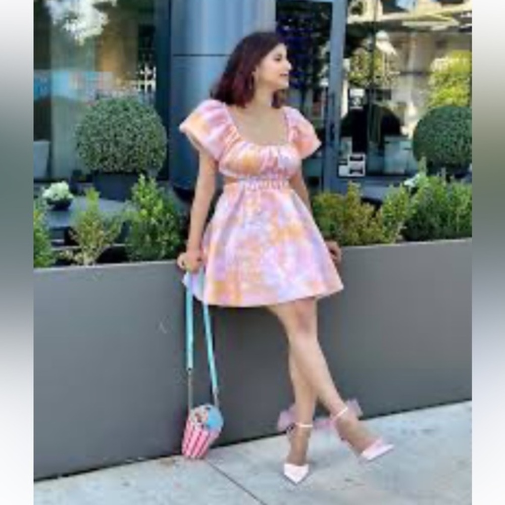 Lena Sunday Sundae Floral Puff Sleeve Mini Distressed Crepe Dress Sz Sm. NWOT
